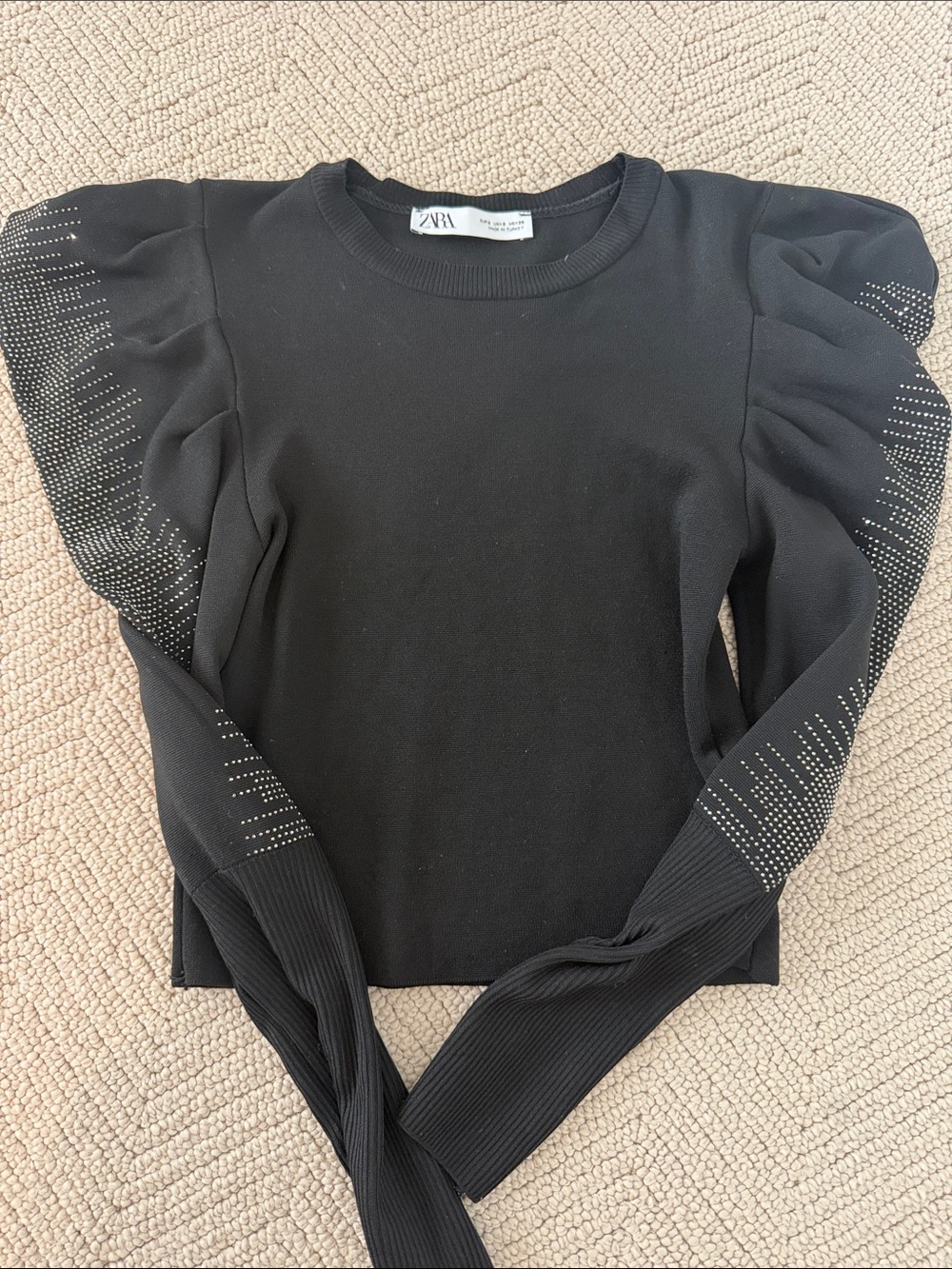 Zara Black Puff-Sleeve Embellished Sweatshirt